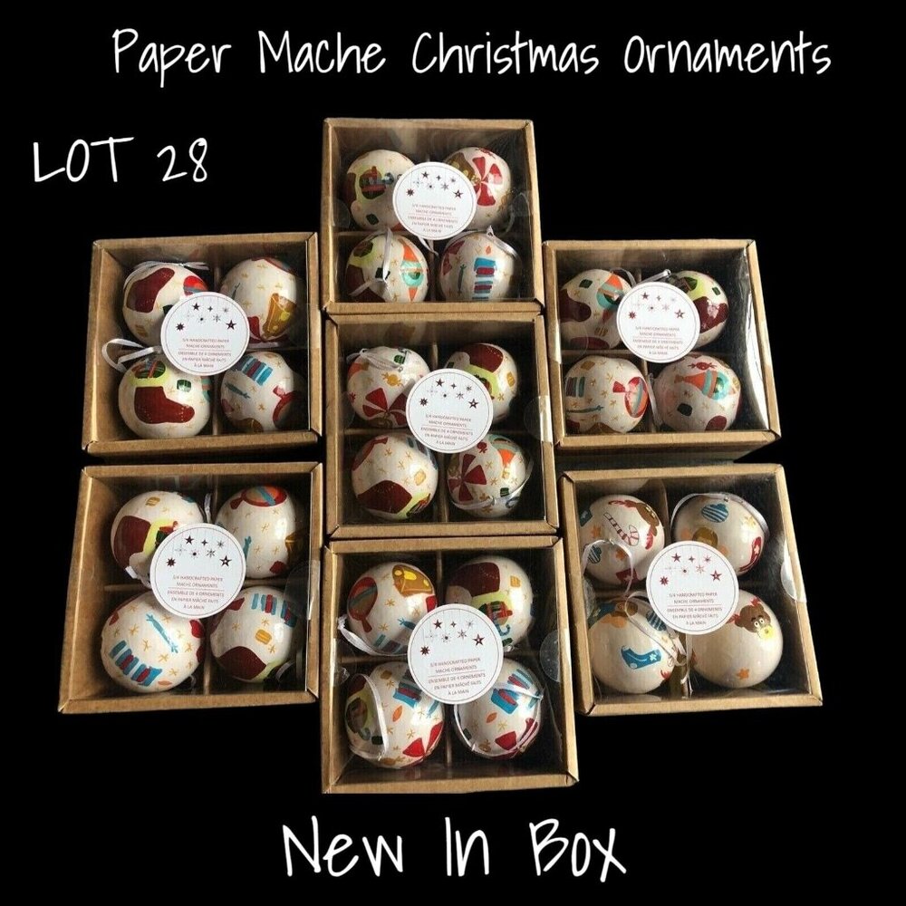 Handcrafted Paper Mache Glossy Round Ball Christmas Ornaments - Lot of 28
